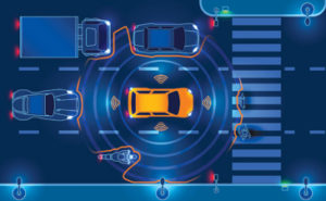 Illustration of a self driving car and the sensors that it uses.