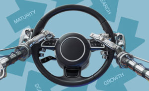 Robot hands on a steering wheel.
